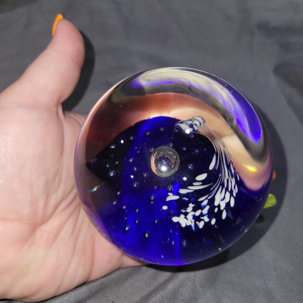 Vintage Glass Paperweight Cobalt Blue Clear White Controlled Bubbles Swirls